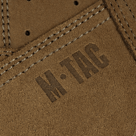 Close-up of M-Tac Tactical Summer Boots in high-quality leather with visible M-Tac logo on suede surface