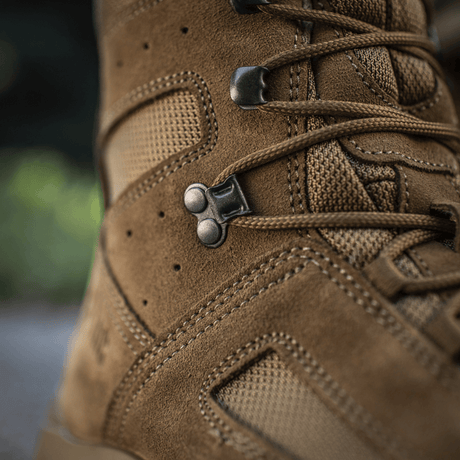 Close-up of M-Tac Tactical Summer Boots in suede and Cordura® mesh, EU-produced for comfort and durability.
