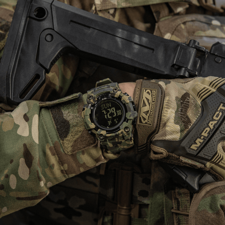 M-Tac Tactical Watch 2037 with LED backlight and compass, ideal for tactical use. Impact-resistant ABS case and steel back cover. 5ATM water resistance.