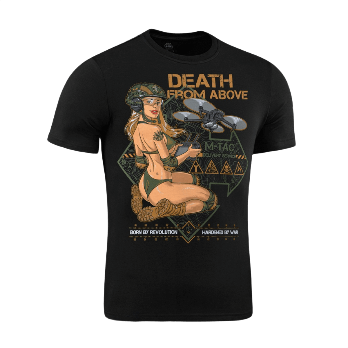 M-Tac T-Shirt Mavic Delivery Service med Pin-Up print og dronekontrol, inspireret af amerikansk Anden Verdenskrig kunst.