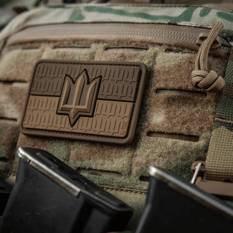 M-Tac Ukraine Flag patch with ZSU Trident PVC on a military backpack, displaying Ukraine's national symbol, made of PVC