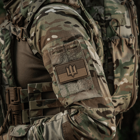 M-Tac Ukraine Flag patch with ZSU Trident PVC on a soldier's uniform, showing the Ukrainian trident symbol of pride and heritage