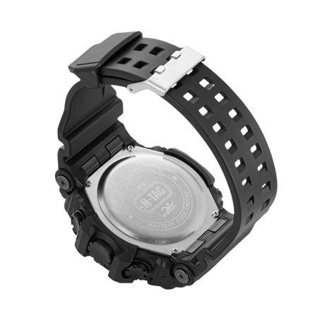 M-Tac Tactical Watch 2037 with rugged design and steel back cover, water resistance 5ATM, seen from the back with adjustable black strap.