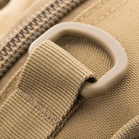 Close-up of M-Tac Urban Line City Patrol bag with beige strap and zipper, made of water-repellent 600D polyester.