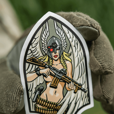 M-Tac Valkyrie sticker shows Valkyrie with M4 rifle and Norman helmet. Inspired by Arrowhead patch, decorative with mythological motif.