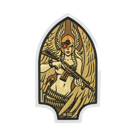 M-Tac Valkyrie sticker with war goddess, Norman helmet and M4 rifle, shaped like an Arrowhead patch from World War 2.