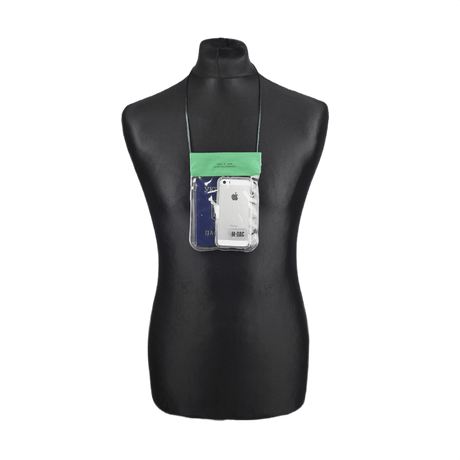 M-Tac Waterproof Document Pouch on a mannequin head, protects a phone from water. Perfect for outdoor activities and travel.