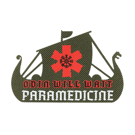 M-Tac Patch Viking Evac with the text 'Odin Will Wait Paramedicine' in red and white, featuring a Viking ship. Military patch.