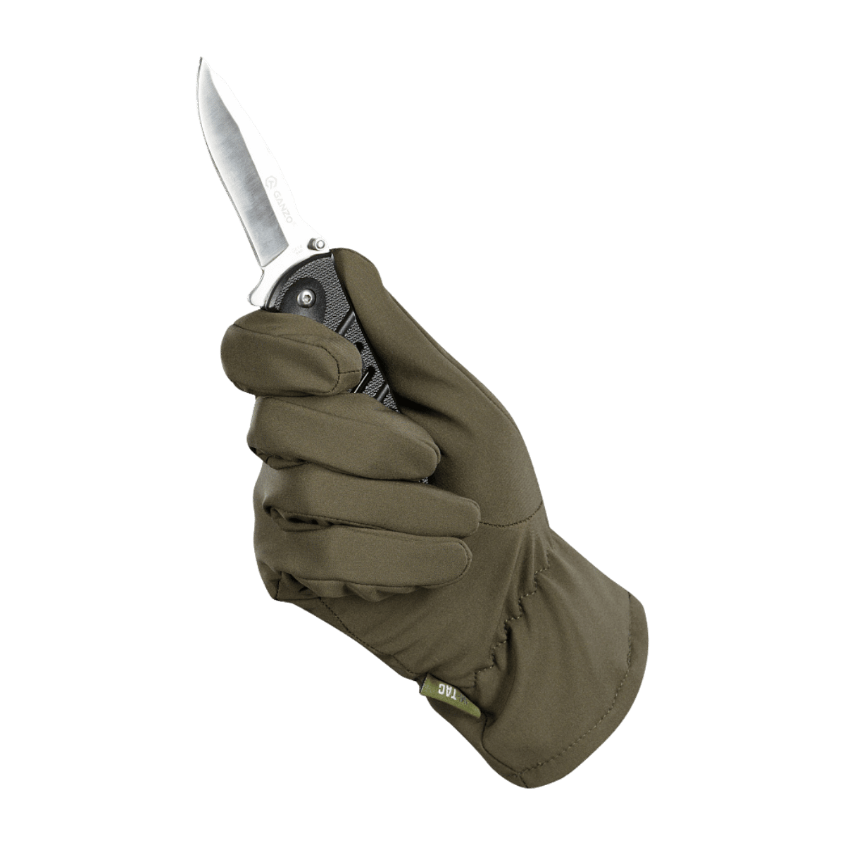 M-Tac Vinterhandsker Soft Shell holder en kniv, ideel til beskyttelse og komfort i dårligt vejr.