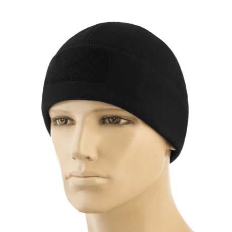 M-Tac Watch Cap Elite Fleece Beanie Hat Velcro i sort på mannequin, varm og let med velcro-panel til mærker, ideel til taktisk brug.