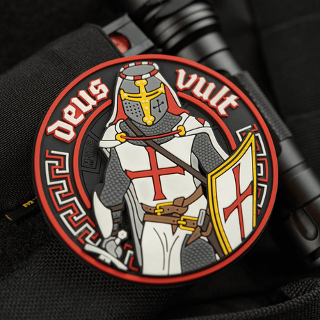 M-Tac Deus Vult 3D PVC Patch with knight motif and Velcro, ideal for tactical and outdoor use.
