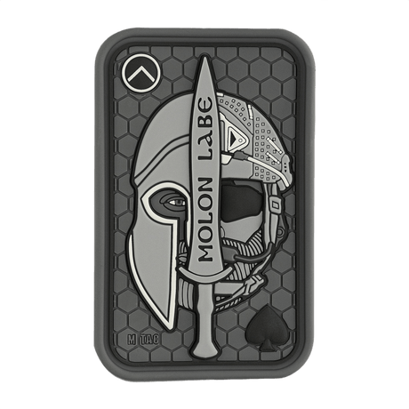 M-Tac Molon Labe 3D PVC with Spartan helmet design, black 3D PVC patch with Velcro on the back, perfect for tactical gear or uniforms.