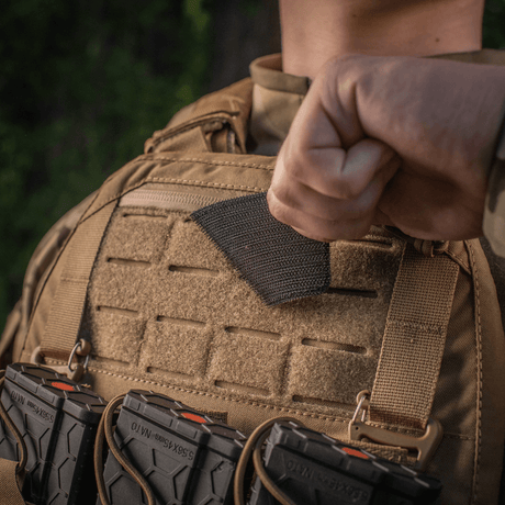 M-Tac Patch Ace of Spades on a military vest, Velcro mounting, symbolizes fighting spirit and clarity, Cordura 500D, spade ace and skull.