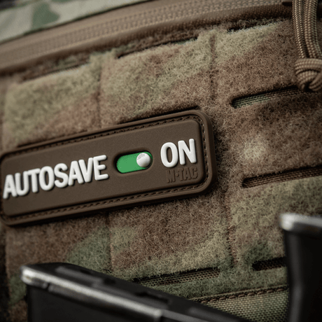 M-Tac Autosave PVC 3D morale patch, brown PVC, 8x2.5 cm, on tactical backpack with Velcro