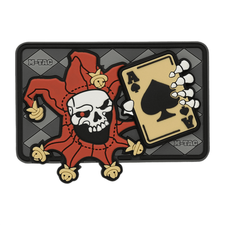 M-Tac Joker Skull 3D PVC patch with joker and ace from death card, PVC material, Velcro backing, design for tactical use, 78 x 55 mm.