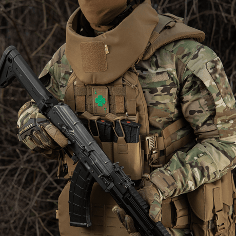 Tactical gear with M-Tac Patch Lucky Card (Embroidered) showing clover on combat uniform. Durable embroidered Cordura 500D patch.
