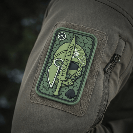 M-Tac Molon Labe 3D PVC in rubber with 3D effect on Velcro, inspired by the 300 Spartans, mounted on tactical gear.