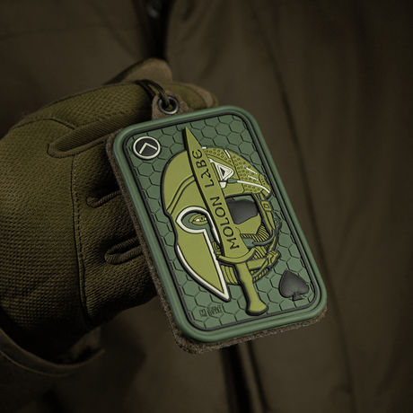 M-Tac Molon Labe 3D PVC morale patch with 3D Spartan design and Velcro backing for uniform or backpack.