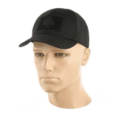 Black cap with "Ace of Spades" patch, M-Tac Patch Spades Laser Cut, suitable for military and tactical use