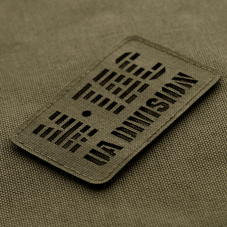 M-Tac Patch UA Division End-to-End Laser Cut, Cordura 500D, mounted on tactical gear, suitable for military or collection.