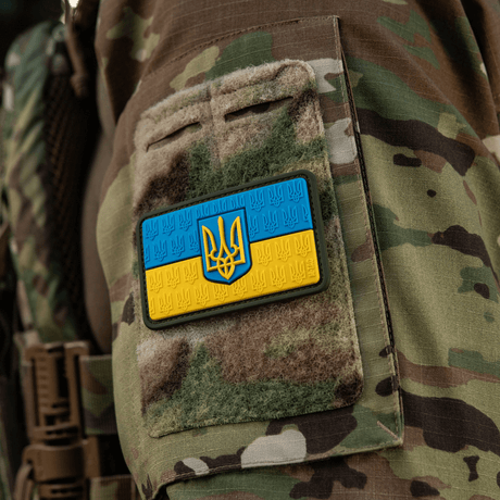 M-Tac Patch Ukraine Flag with coat of arms on camouflage jacket, PVC morale patch with 3D Trident and Ukrainian colors, Velcro fastening.