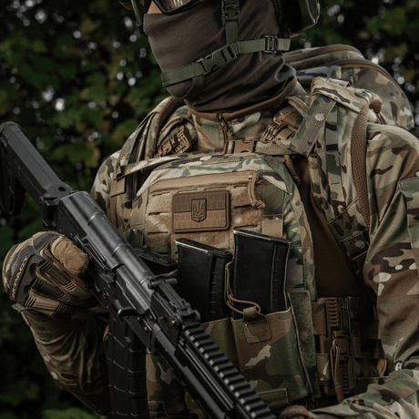 M-Tac Patch Ukraine Flag with coat of arms on camouflage gear, suitable for clothing or backpack, 3D-relief Trident emblem, 8x5 cm PVC.