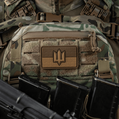 M-Tac Ukraine Flag patch with ZSU Trident PVC mounted on a camouflage backpack for Ukrainian military pride and heritage, 3D PVC design