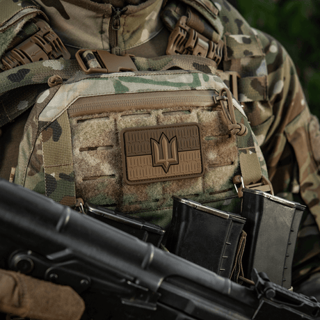 M-Tac Ukraine Flag patch with ZSU Trident PVC on a camouflage vest, showing Ukrainian military and national pride