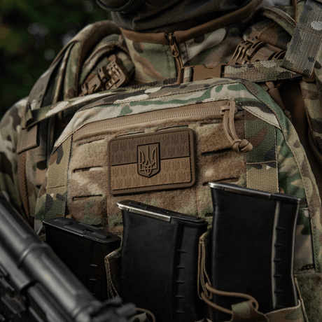 M-Tac Patch Ukraine Flag with coat of arms on camouflage vest with 3D Trident design, PVC morale patch, perfect for military gear.