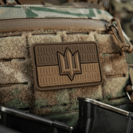M-Tac Ukraine Flag patch with ZSU Trident PVC shown on a camouflage background, representing Ukrainian pride and traditions