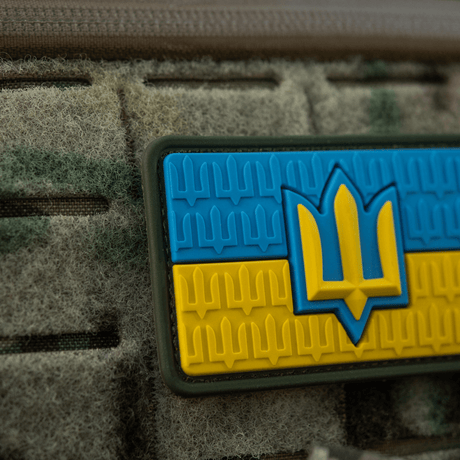 M-Tac Ukraine Flag patch with ZSU Trident PVC on military gear, symbolizes Ukrainian heritage and strength, made of PVC