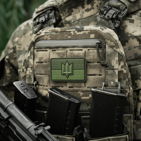 M-Tac Ukraine Flag patch with ZSU Trident PVC on a camouflage vest, symbolizes Ukrainian pride and independence
