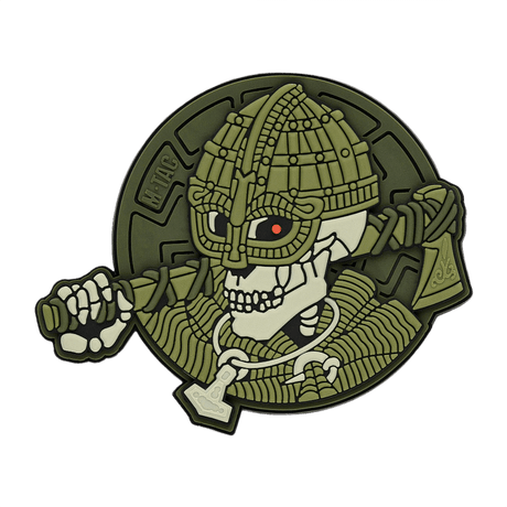 M-Tac Patch Undead Viking 3D PVC in green rubber with skeleton warrior motif, suitable for tactical gear or collectors, 50 mm diameter.