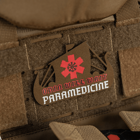 M-Tac Patch Viking Evac attached to a tactical vest with Odin motif and paramedicine text.