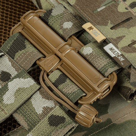 Close-up of M-Tac Plate Carrier Cuirass Elite Gen.II showing durable Duraflex quick-release buckles in camouflage, made from Cordura 500D.