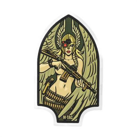 M-Tac Valkyrie sticker shows a Valkyrie with helmet and M4 rifle on Arrowhead patch background, inspired by mythology and special forces.