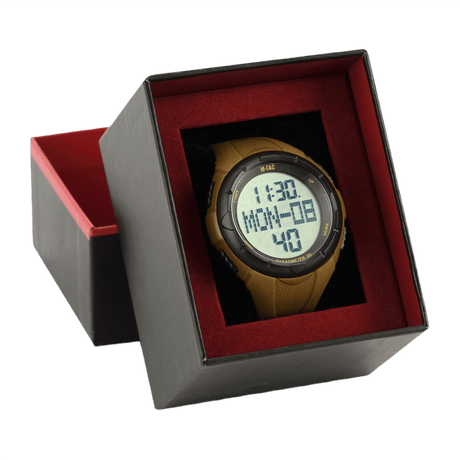 M-Tac Tactical Watch with Pedometer in a black gift box, ideal for sports and outdoor activities, shows digital display and functions