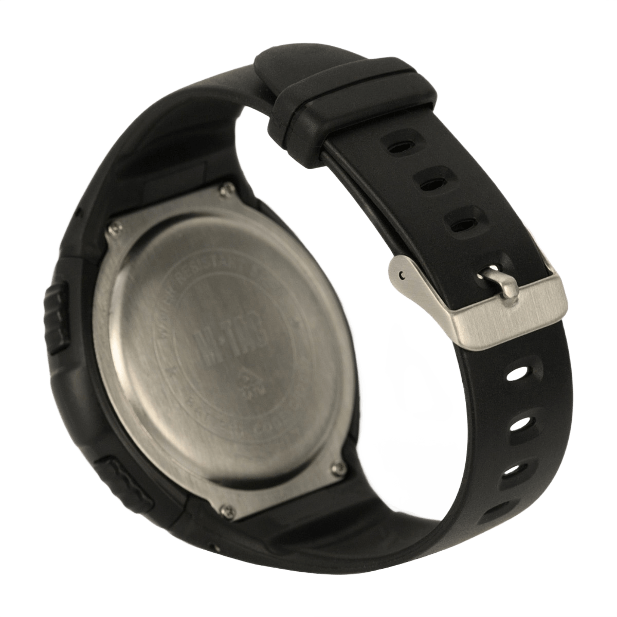 Bagsiden af M‑Tac Taktisk Ur med Pedometer med sort rem og metalspænde, perfekt til sport og udendørs aktiviteter.
