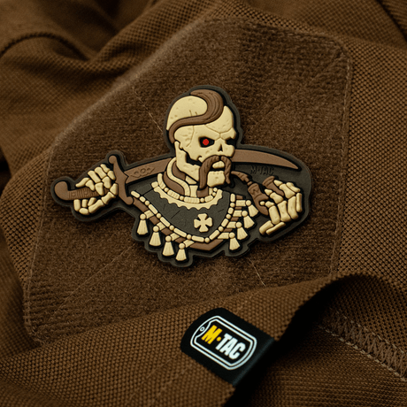 M-Tac Patch You Only Die Once 3D PVC mounted on clothing using Velcro, perfect for military and tactical use.