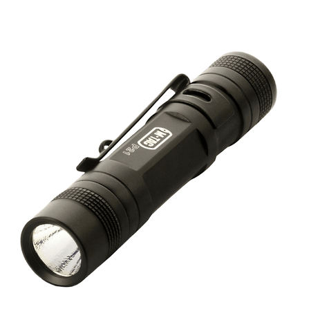 M-Tac flashlight P21 compact LED flashlight in black aluminum, ideal for EDC kit and outdoor use, powered by AA battery.