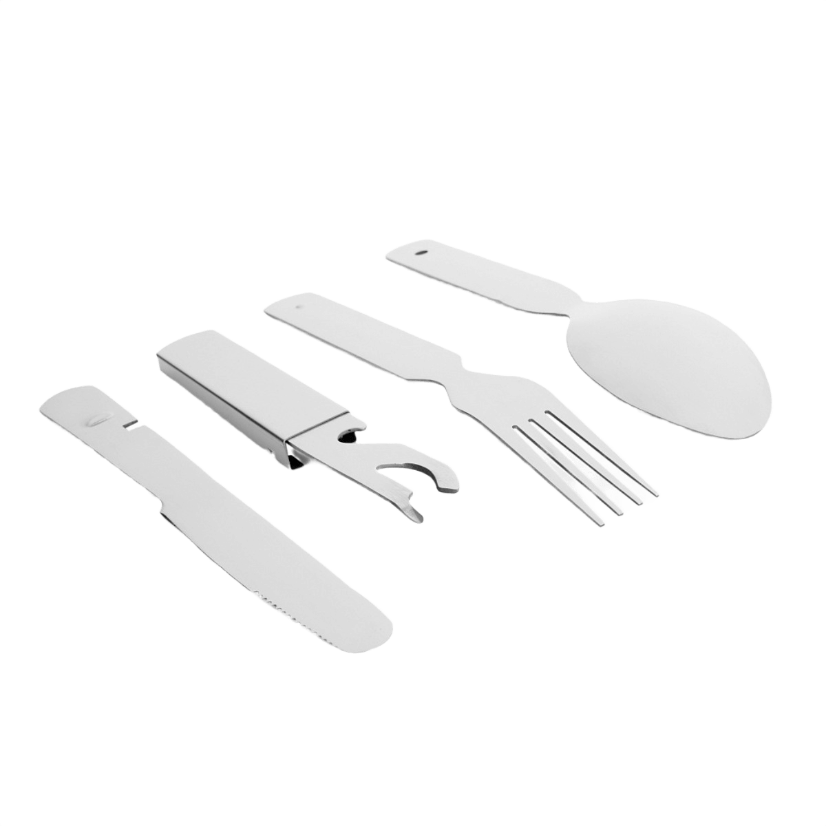 M-Tac Stål Bestiksæt Large (4 dele) rejsebestiksæt med ske, gaffel, kniv og åbner i et kompakt etui, ideelt til camping og vandreture.