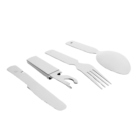 M-Tac Steel Cutlery Set Large (4 pcs) travel set with spoon, fork, knife and opener in a compact case, ideal for camping and hiking.