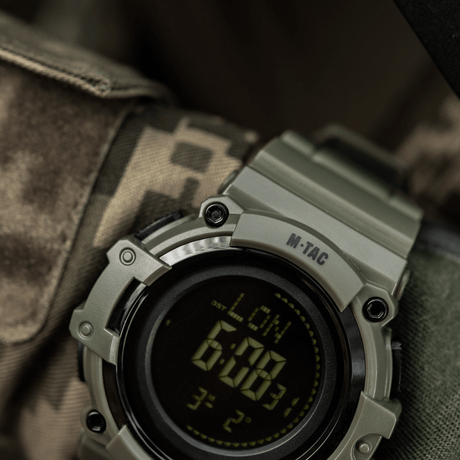 M-Tac Tactical Watch with Compass 2233 in a rugged design with LED backlight, suitable for outdoor and tactical use.