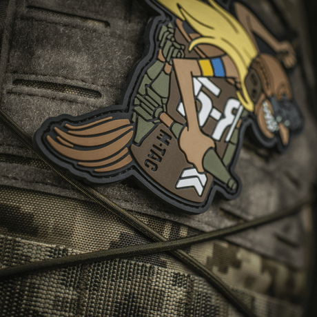 M‑Tac Patch Baba-Yaga Vertical on camouflage background, inspired by Ukrainian UAV operators, featuring GPNVG-18 and PG-7M grenades.