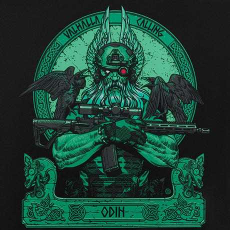 M-tac Flag Odin Night Vision 630x900 with modern Odin in combat uniform and AR-15, flanked by ravens, symbolizing strength and wisdom.