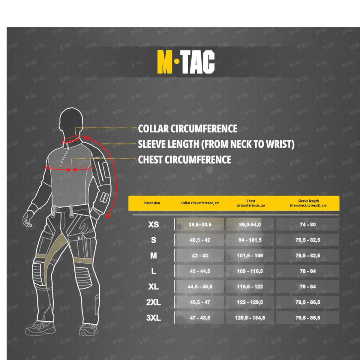 Størrelsesguide for M-Tac Bukser Army Gen. II NYCO Extreme med mål for krave, ærme og bryst omkreds.