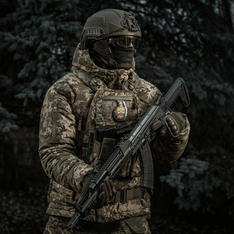 Soldier wearing camouflage jacket with M-Tac Patch M67 Grenade 3D PVC on vest during military operation in forest.