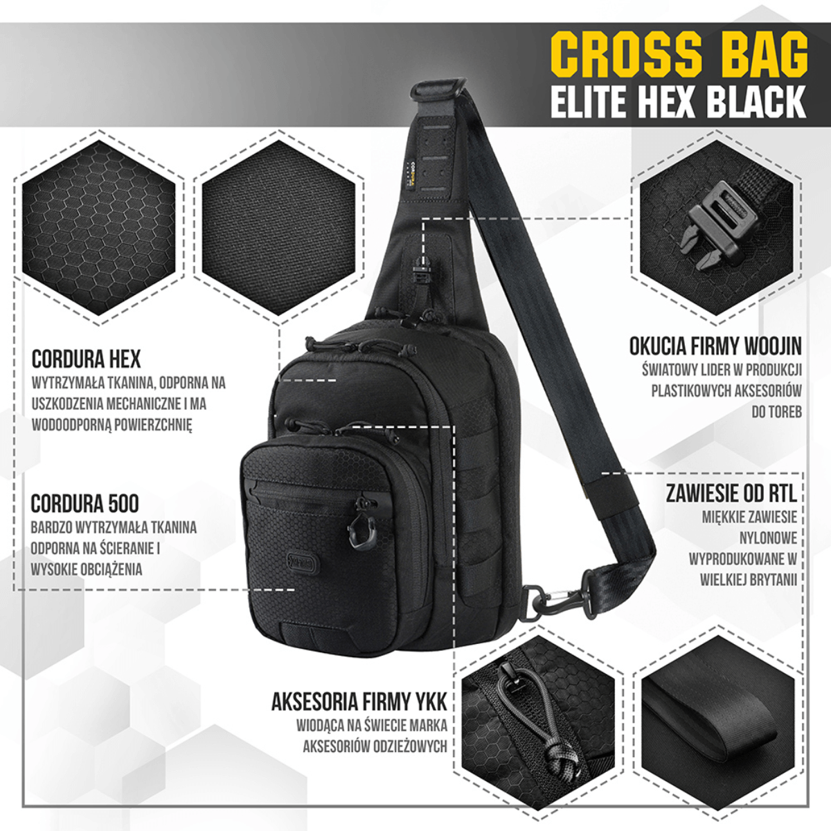 M-Tac Cross Bag Elite Hex i sort, Cordura 500 materiale, perfekt til daglig brug og taktisk udstyr, med MIL-SPEC fittings og YKK lynlåse.