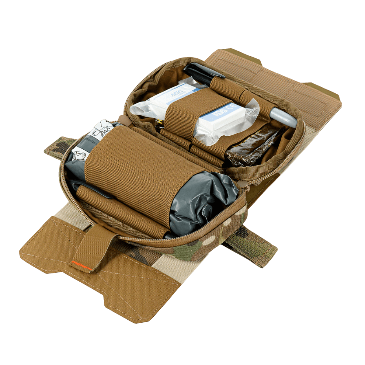 M‑Tac Horizontal Medical Pouch Elite med organizer, åbnet visning med førstehjælpsudstyr, Cordura 500D material, militært feltkit