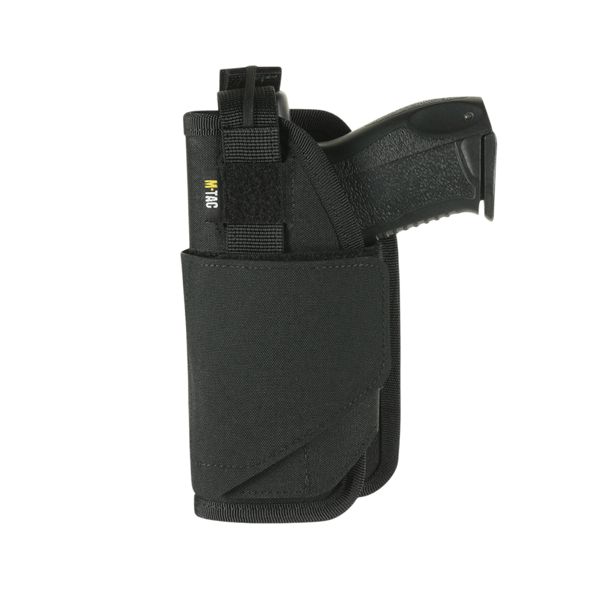 M-Tac Universal Taktisk Hylster Elite Venstre med Glock 17 monteret, fremstillet af Cordura 500D, justerbar rem og Velcro-lås.